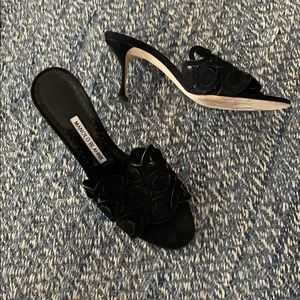 MANOLO BLAHNIK Black Suede Open Heel Sandal